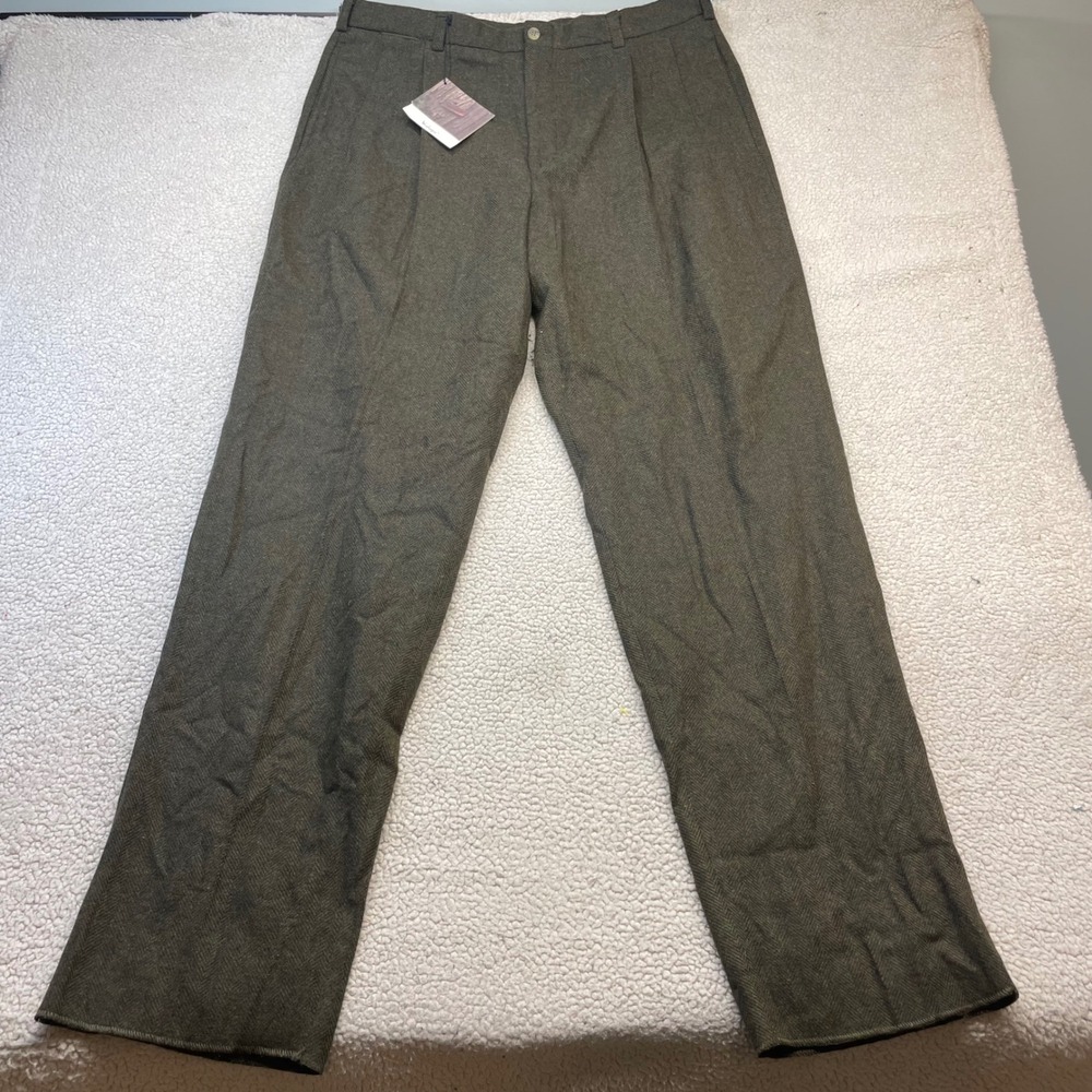 Timberland Pants Mens 38 Olive Green Weathergear Pleated 100% Wool Herringbone